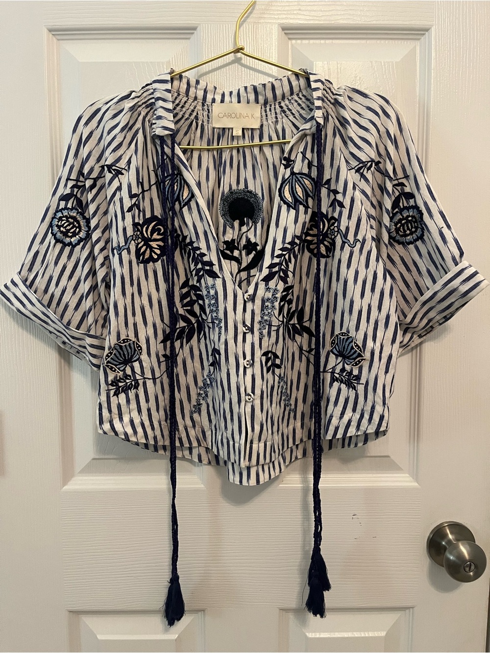 Carolina K Embroidered Striped Organic Cotton Boho Blouse Top Size S - Picture 2 of 12
